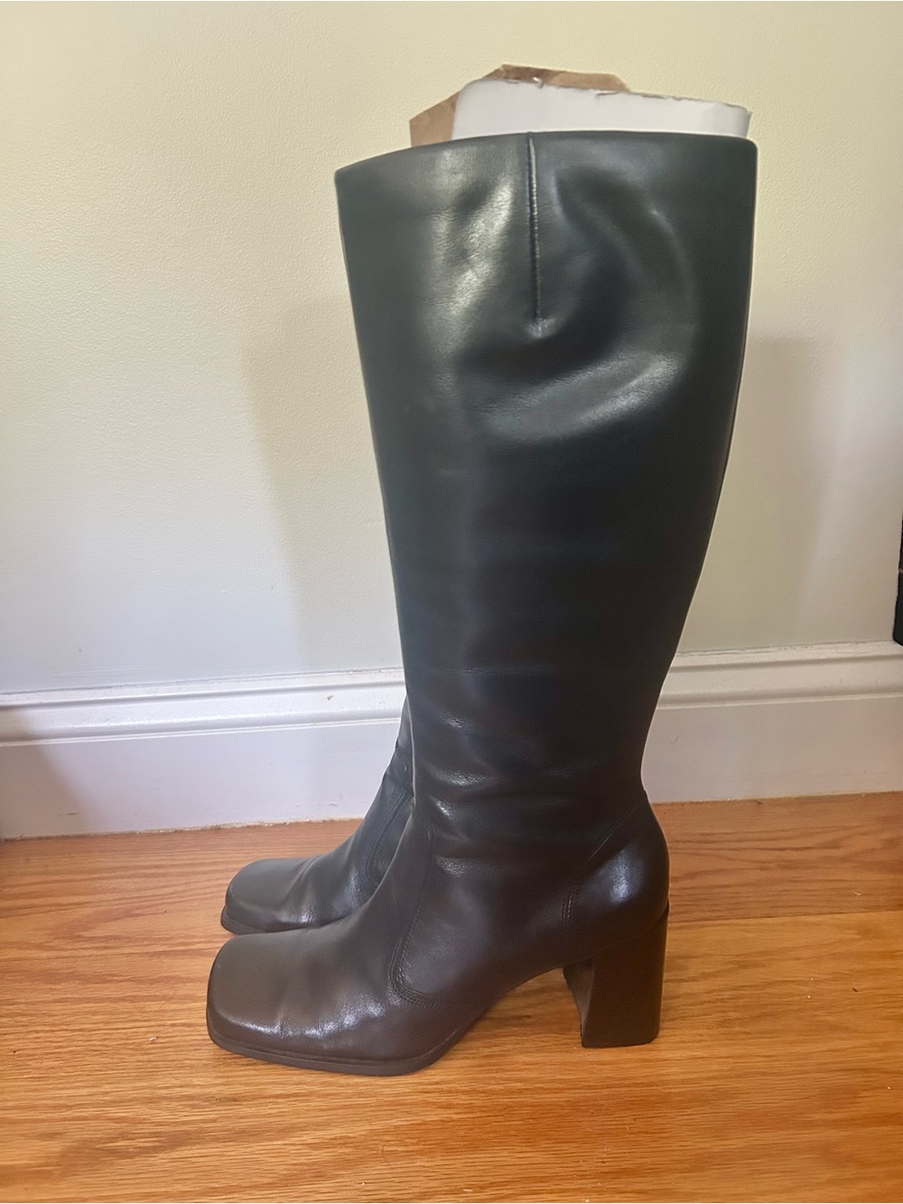 Y2K 90s Vintage Square Toe Knee High Black Leather Boots Biker-core